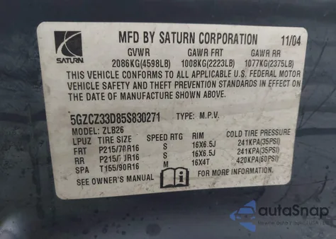 2005 Saturn Vue 4 Cyl from USA, damaged, VIN 5GZCZ33D85S830271